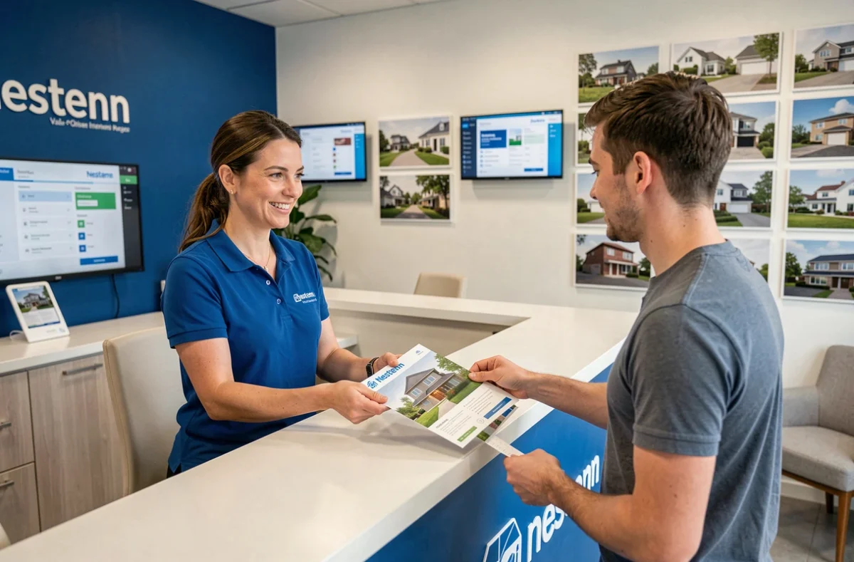 Agente Nestenn en polo bleu remettant une brochure immobilière à un client dans une agence du Val-d'Oise