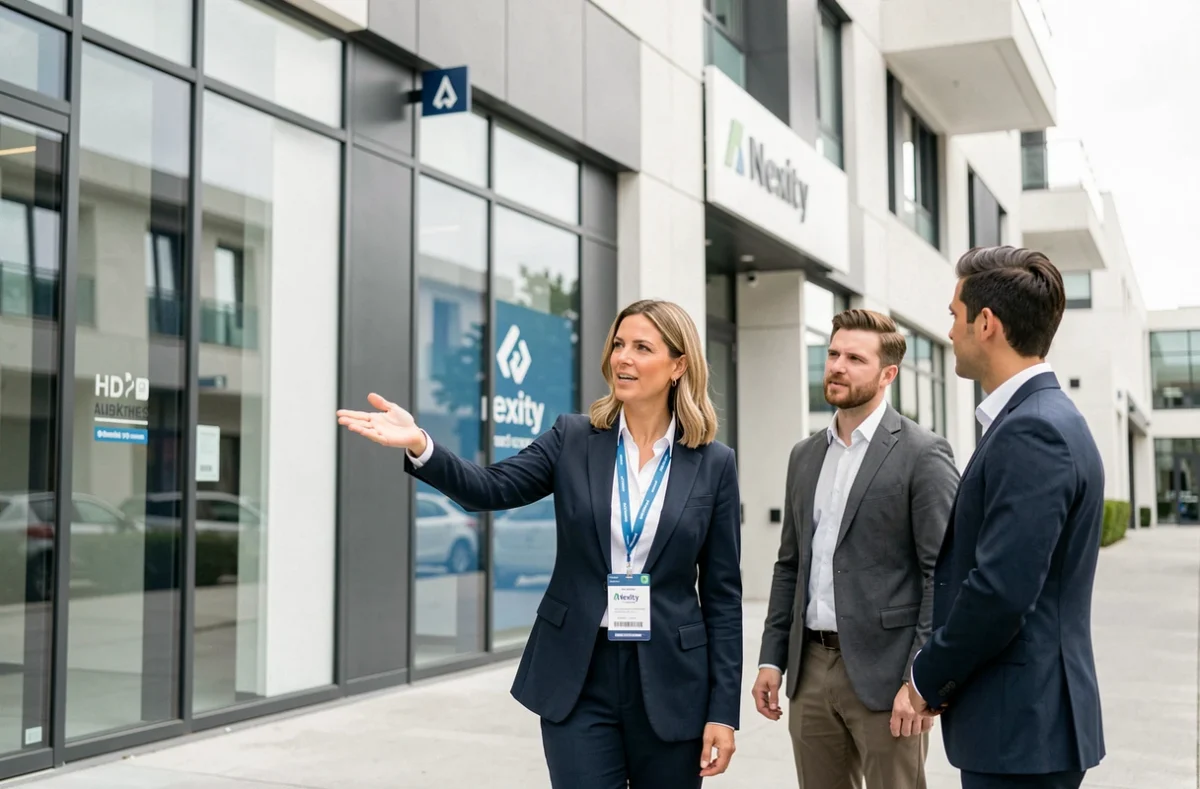 Conseillère Nexity Lamy présentant une copropriété à des clients en Essonne
