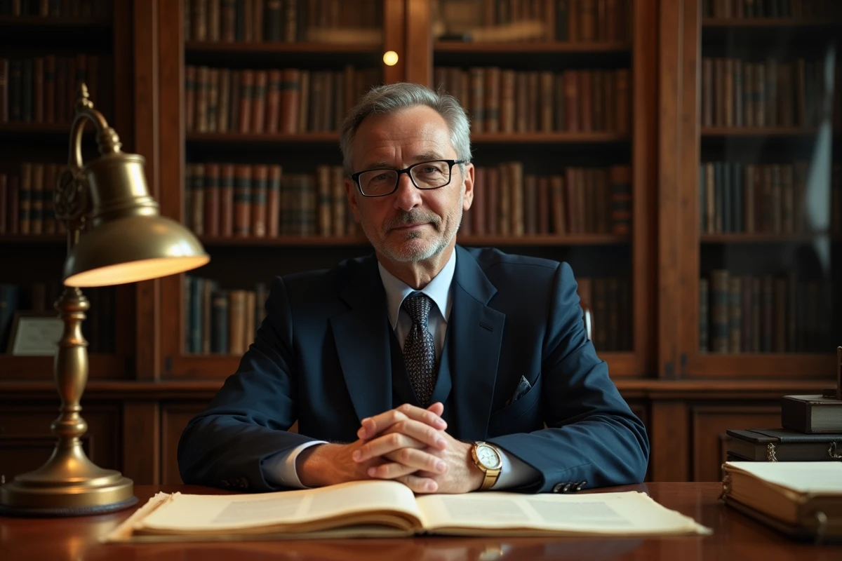 Notaire français assis à son bureau avec des documents de propriété et des actes officiels dans son étude