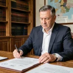 Notaire à Limoges examinant un acte officiel avec tampon et stylo plume dans son étude traditionnelle