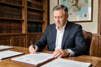Notaire à Limoges examinant un acte officiel avec tampon et stylo plume dans son étude traditionnelle