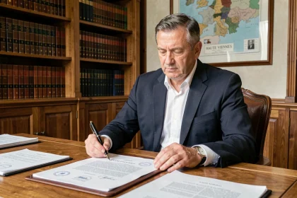 Notaire à Limoges examinant un acte officiel avec tampon et stylo plume dans son étude traditionnelle