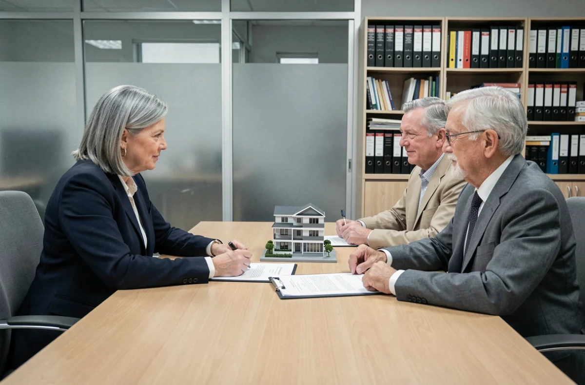 Notaire présentant les avantages d'une SCI familiale à un couple de seniors dans un bureau professionnel