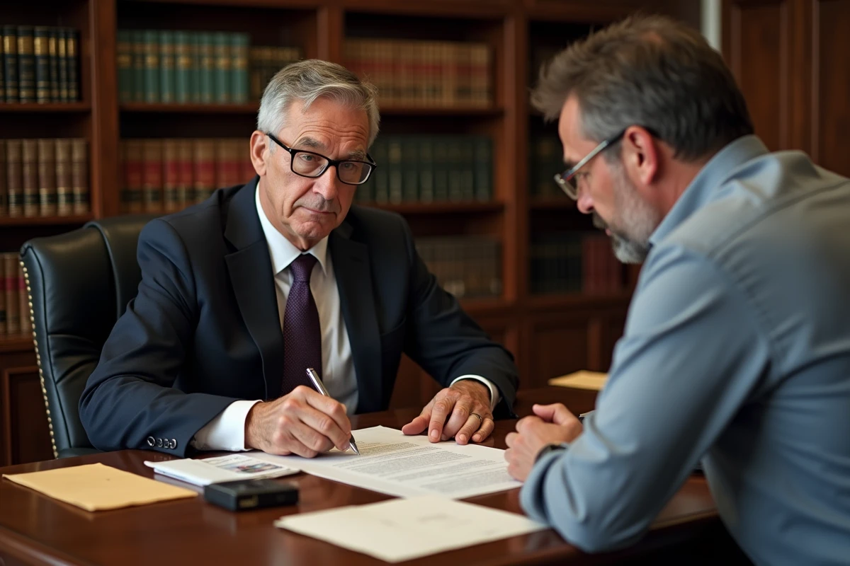 Notaire présentant un document à signer lors d'une remise de clés officielle dans un office notarial