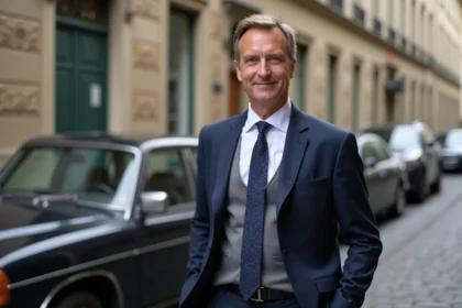 Notaire en costume devant une voiture ancienne à Limoges