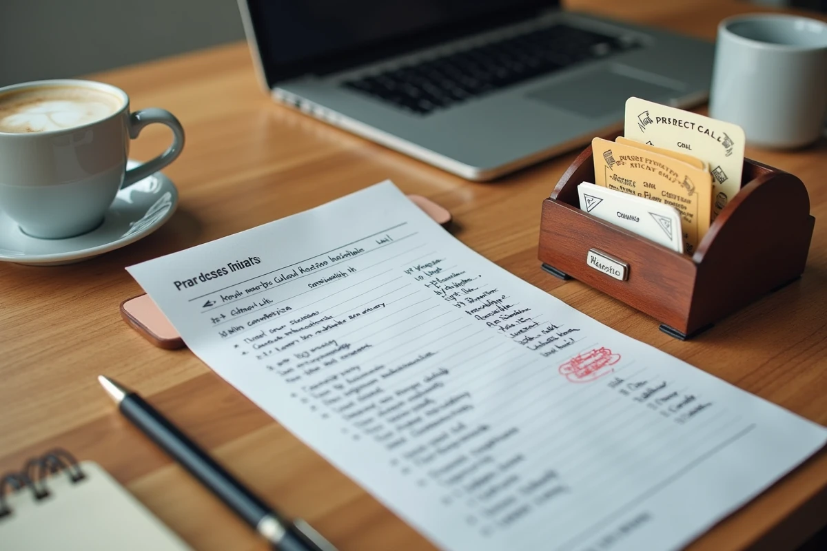 Vue de dessus d'un bureau avec outils de prospection commerciale mêlant application mobile moderne et fiches de contacts manuscrites traditionnelles
