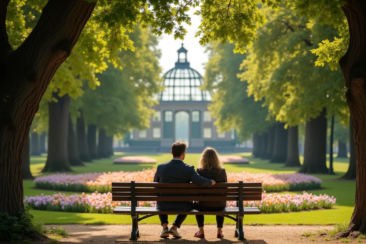Couple assis sur un banc au Parc de la Tête d'Or à Lyon entouré d'arbres et de parterres fleuris