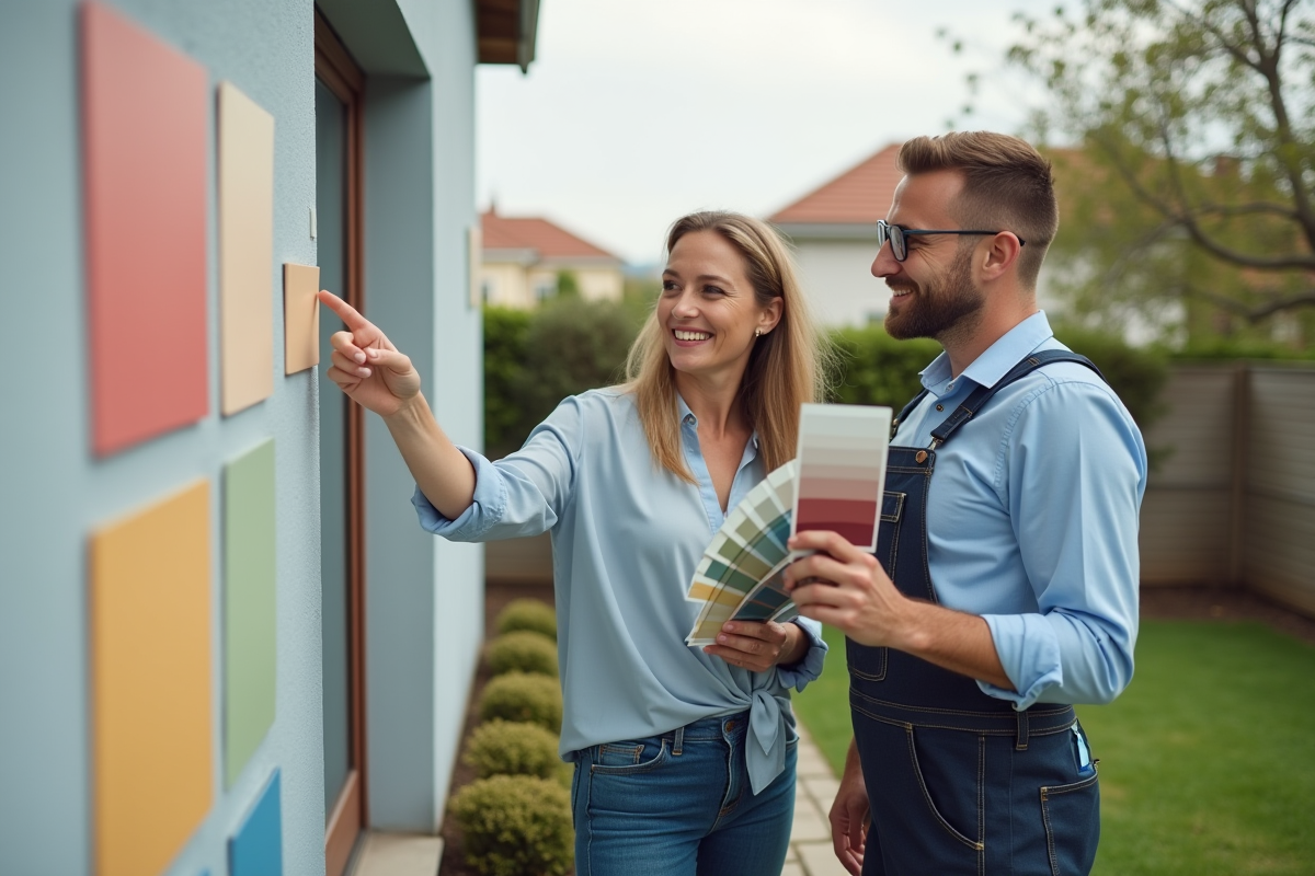 Femme pointant des échantillons de peinture avec un peintre professionnel