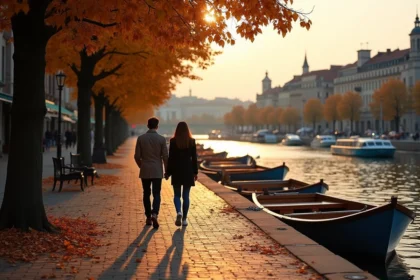 Couple se promenant sur les quais de Lyon avec des péniches amarrées sur la Saône en arrière-plan