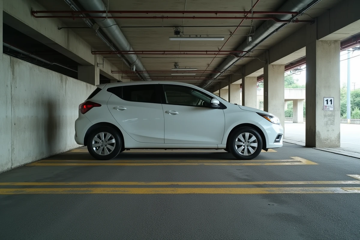 Parking souterrain avec des places délimitées en jaune montrant une voiture débordant légèrement sur l'emplacement adjacent en raison d'une largeur insuffisante