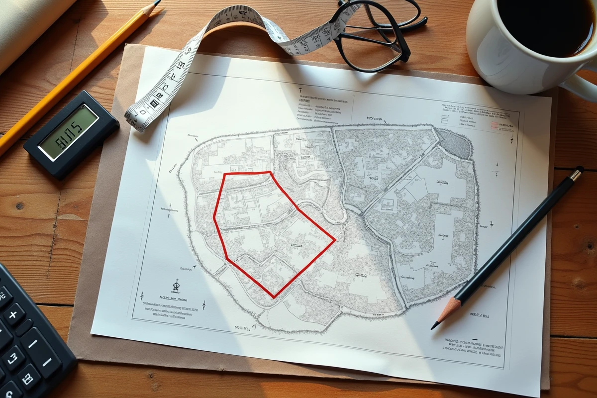 Plan cadastral d'une parcelle avec mètre ruban et calculatrice pour estimer le prix au m²