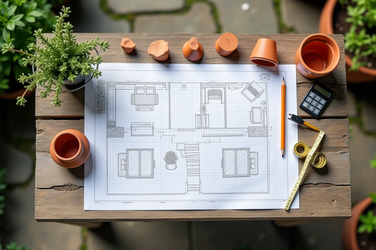 Plan de terrasse dessiné à la main sur papier millimétré avec mètre ruban et calculatrice pour calculer la surface en m² d'un espace extérieur