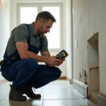 Plombier vérifiant un mur humide dans un couloir d'immeuble