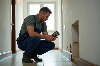 Plombier vérifiant un mur humide dans un couloir d'immeuble