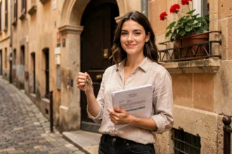 Jeune femme tenant les clés de son premier appartement devant une traboule lyonnaise en pierre dorée, symbolisant l'installation réussie à Lyon après les études