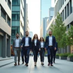 Groupe de professionnels dans une avenue moderne en ville