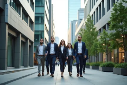 Groupe de professionnels dans une avenue moderne en ville