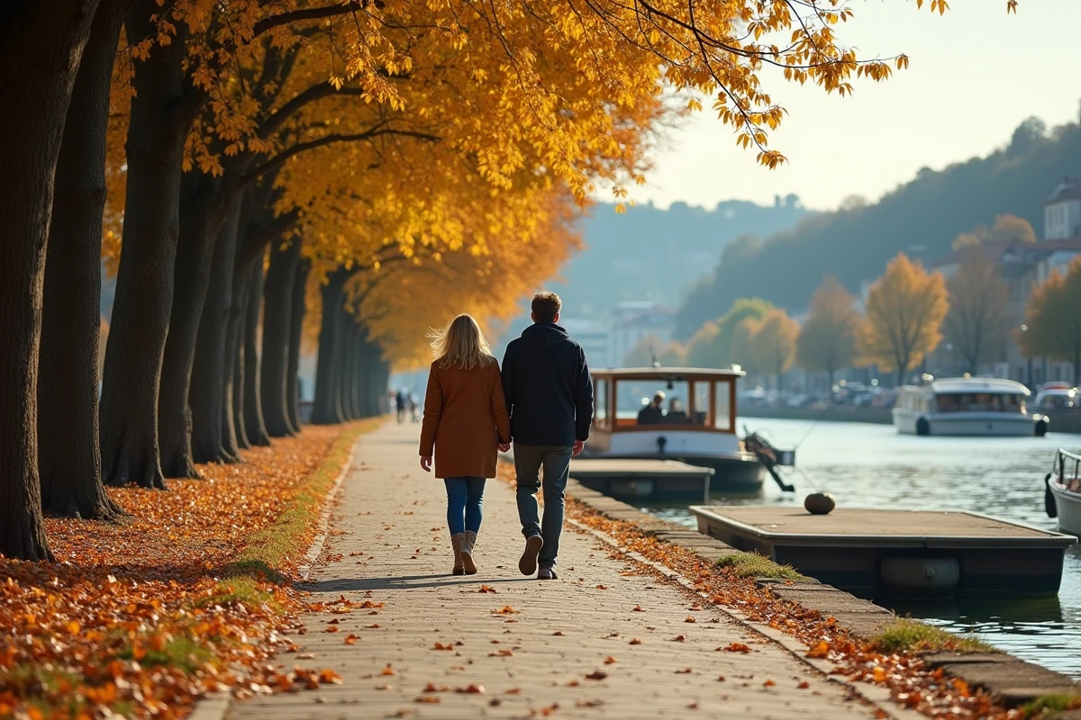 Couple se promenant sur les quais de la Saône en automne avec les péniches en arrière-plan