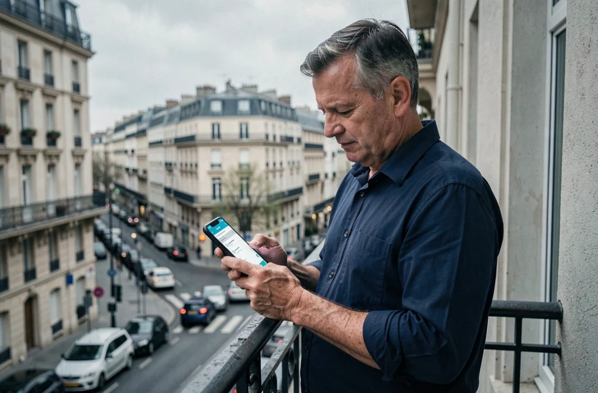 Propriétaire bailleur consultant l'application My Foncia sur smartphone depuis le balcon d'un immeuble urbain
