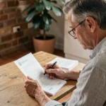 Propriétaire bailleur qui examine un contrat d'assurance habitation non occupant sur une table en bois dans un appartement