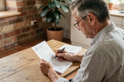 Propriétaire bailleur qui examine un contrat d'assurance habitation non occupant sur une table en bois dans un appartement