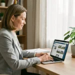 Propriétaire bailleur utilisant une application de gestion locative sur ordinateur portable dans un bureau à domicile moderne
