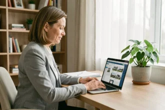 Propriétaire bailleur utilisant une application de gestion locative sur ordinateur portable dans un bureau à domicile moderne