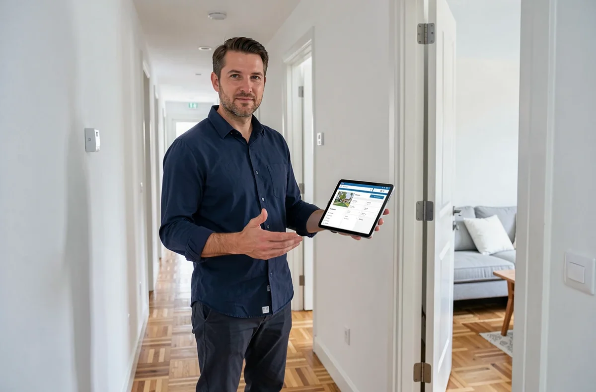 Propriétaire bailleur consultant un tableau de bord de gestion locative sur tablette dans un appartement à louer