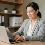 Propriétaire bailleuse utilisant une plateforme de gestion locative sur ordinateur portable dans un bureau à domicile moderne