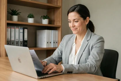 Propriétaire bailleuse utilisant une plateforme de gestion locative sur ordinateur portable dans un bureau à domicile moderne