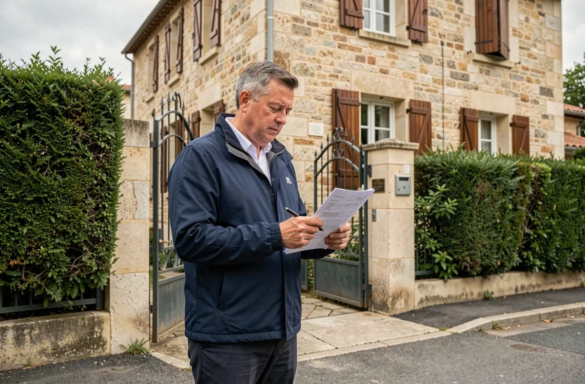 Propriétaire particulier vérifiant un contrat de location devant une maison traditionnelle française
