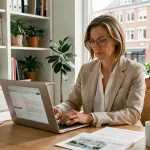 Propriétaire immobilière consultant un logiciel de gestion locative sur son ordinateur portable dans un bureau à domicile moderne