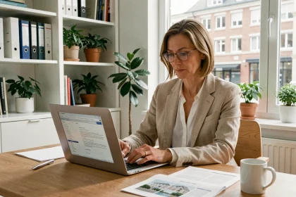 Propriétaire immobilière consultant un logiciel de gestion locative sur son ordinateur portable dans un bureau à domicile moderne