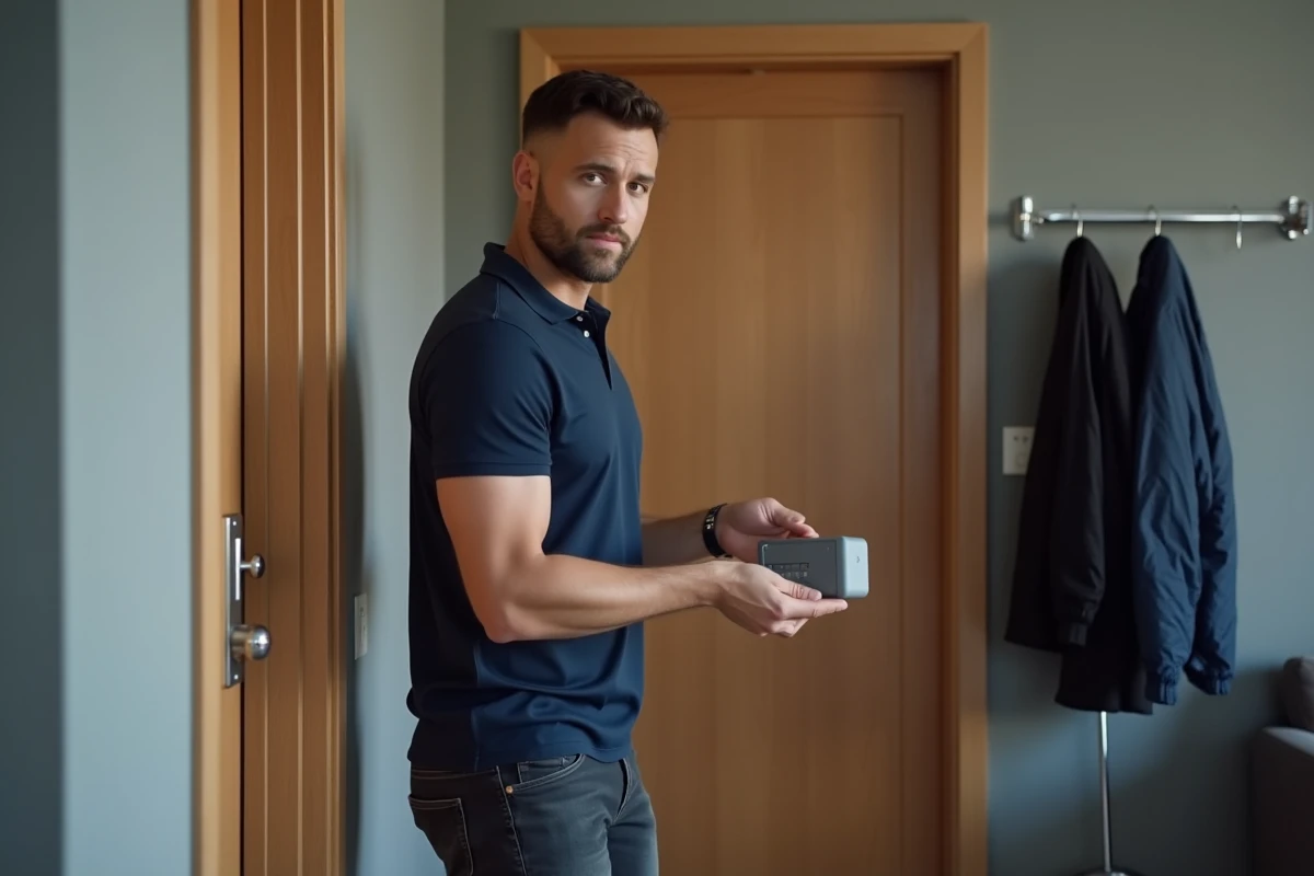 Propriétaire installant une boîte à clés sécurisée sur la porte de son appartement Airbnb