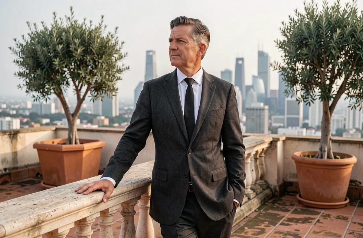 Propriétaire milliardaire en costume sur la terrasse privée d'une des maisons les plus chères au monde avec vue panoramique sur la ville
