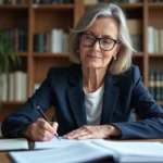 Propriétaire vérifiant les documents légaux de résiliation de bail à son bureau à domicile