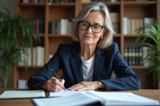 Propriétaire vérifiant les documents légaux de résiliation de bail à son bureau à domicile