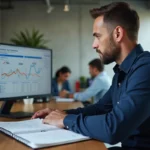 Commercial assis à son bureau comparant un logiciel de prospection sur écran et un carnet de notes manuscrites pour sa stratégie de prospection commerciale