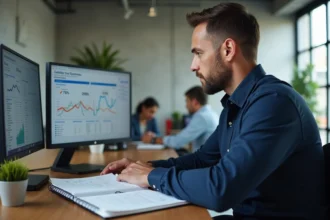 Commercial assis à son bureau comparant un logiciel de prospection sur écran et un carnet de notes manuscrites pour sa stratégie de prospection commerciale