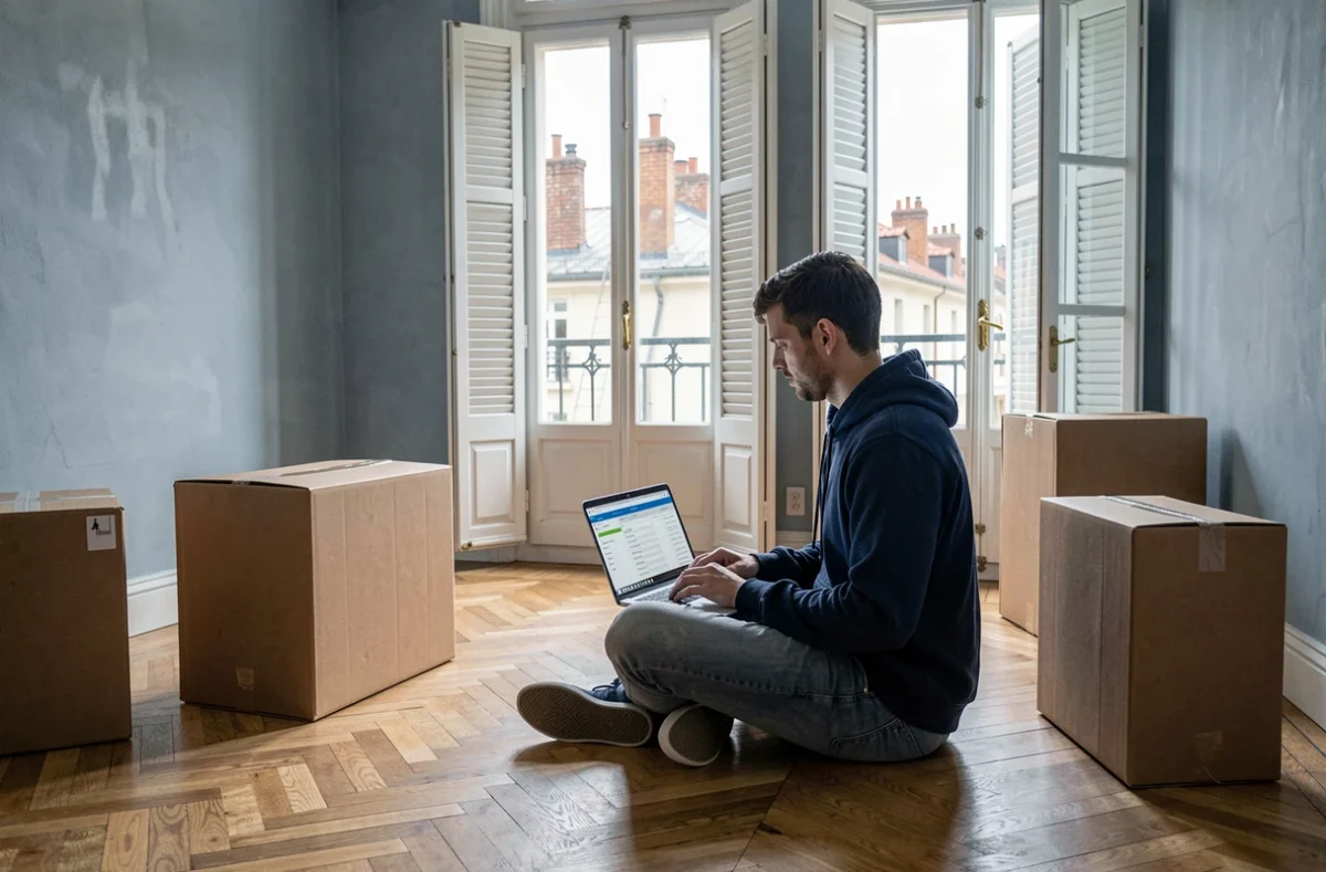 Jeune homme consultant des annonces de location sur son ordinateur dans un appartement vide à Lyon, entouré de cartons de déménagement lors de son installation post-études