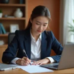 Jeune femme en CDD rédigeant une lettre de motivation pour un appartement à son bureau à domicile