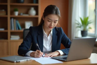 Jeune femme en CDD rédigeant une lettre de motivation pour un appartement à son bureau à domicile
