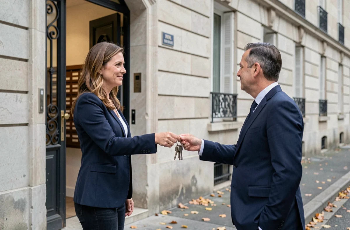 Propriétaire remettant les clés d'un logement à un agent immobilier devant un immeuble, dans le contexte d'une assurance habitation non occupant