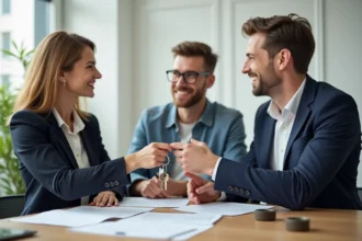 Agent immobilier remettant des clés de maison à un couple lors d'une signature de contrat en bureau notarial