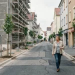 Rue en rénovation à Champs-sur-Marne avec immeubles en travaux et passante observant les transformations urbaines du quartier