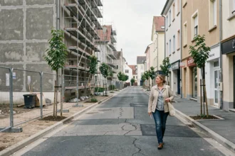Rue en rénovation à Champs-sur-Marne avec immeubles en travaux et passante observant les transformations urbaines du quartier