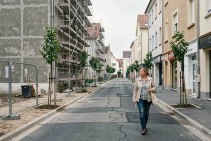 Rue en rénovation à Champs-sur-Marne avec immeubles en travaux et passante observant les transformations urbaines du quartier
