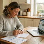 Femme rédigeant une lettre de résiliation d'assurance habitation à la Banque Postale, assise à une table en bois avec des documents d'assurance et un ordinateur portable ouvert