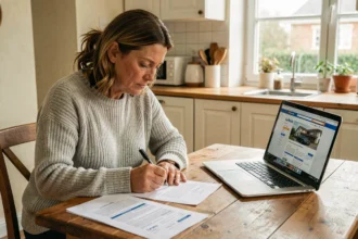 Femme rédigeant une lettre de résiliation d'assurance habitation à la Banque Postale, assise à une table en bois avec des documents d'assurance et un ordinateur portable ouvert