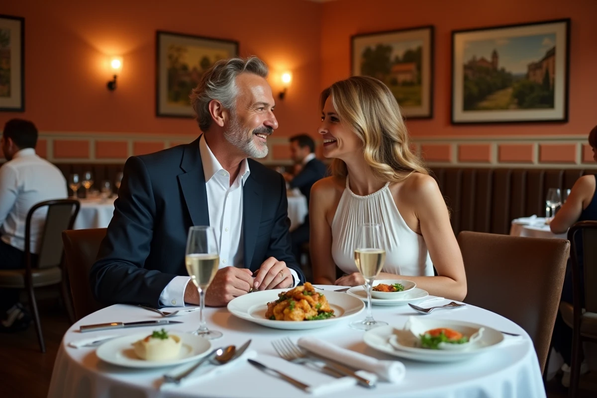 Couple élégant dînant dans un restaurant gastronomique lyonnais avec décor de bouchon traditionnel